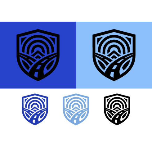 Road leading into a shield emblem logo cover image.