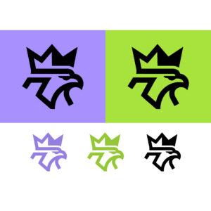 Eagle head crown logo purple and green on color cover image.