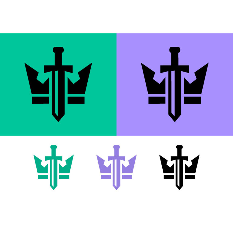 Sword crown logo teal and purple on color cover image.