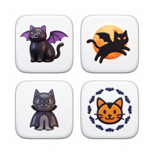 Cute Halloween Cat Icon Collection – 3D Black Cats, Bat Wings, and Spooky Cartoon Illustrations cover image.