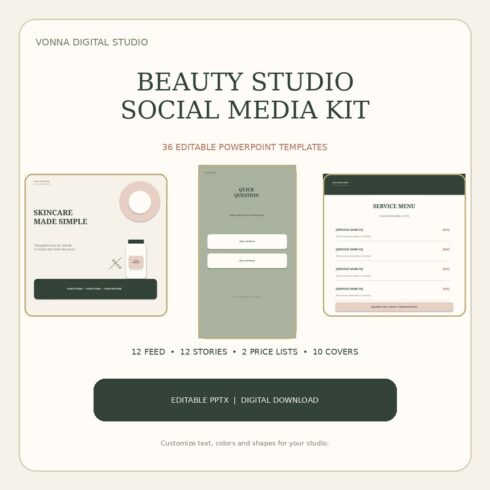 Beauty Studio Social Media Kit: 24 Instagram Templates, 2 Price Lists & 10 Highlight Covers cover image.