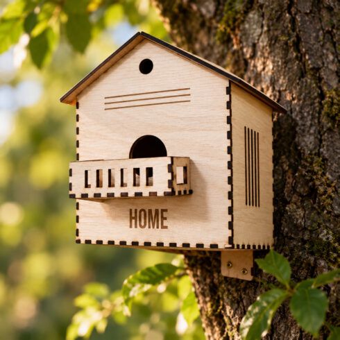 Birdhouse Laser Cut File SVG, Wooden Bird House with Balcony Template, 3mm Plywood cover image.