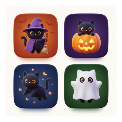 Cute Halloween 3D Cartoon Icons – Black Cat, Witch Cat, Pumpkin, and Ghost Collection cover image.