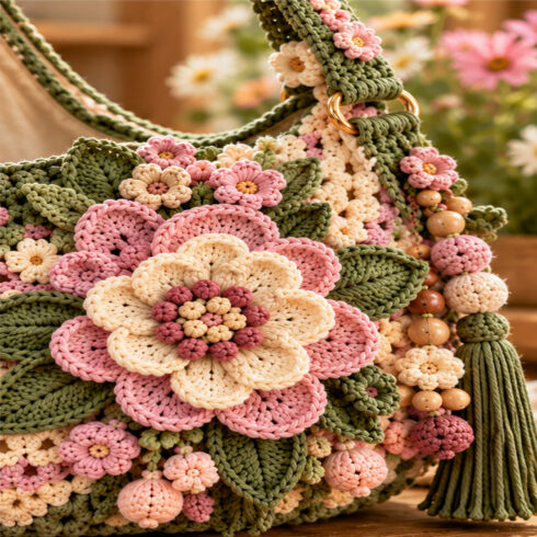 Blooming Meadow Luxury 3D Floral Crochet Shoulder Bag PDF Pattern | Elegant Boho Handbag, Cottagecore Flower Purse DIY Tutorial cover image.