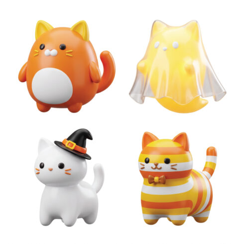 Cute Halloween Cat 3D Icon Collection – Orange Cat, Ghost Cat, Witch Cat and Candy Corn Striped Cat cover image.