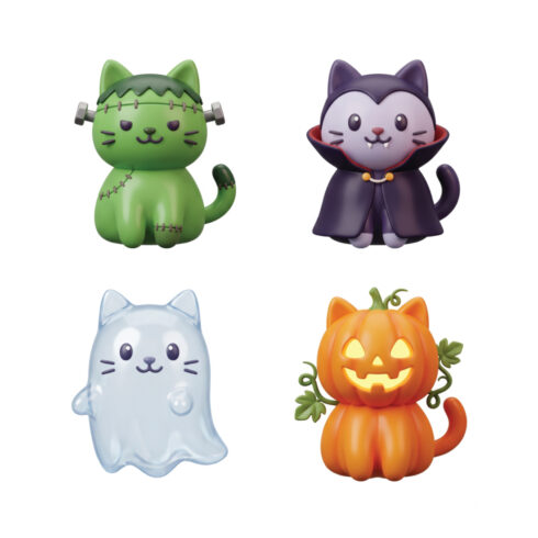 Cute Halloween Cat Monster 3D Icon Set – Frankenstein Cat, Vampire Cat, Ghost Cat and Pumpkin Cat cover image.