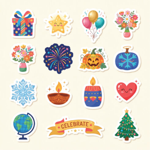 Colorful Celebration Sticker Collection – Holiday, Birthday, Christmas and Festive Decorative Clipart cover image.