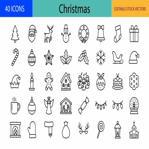 Set of 40 Christmas line icons for winter holiday celebration and seasonal vector design cover image.