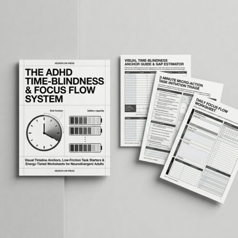 ADHD Time Blindness & Focus Flow System | Executive Function Daily Planner Worksheets & Task Initiation System (12 Pages) cover image.