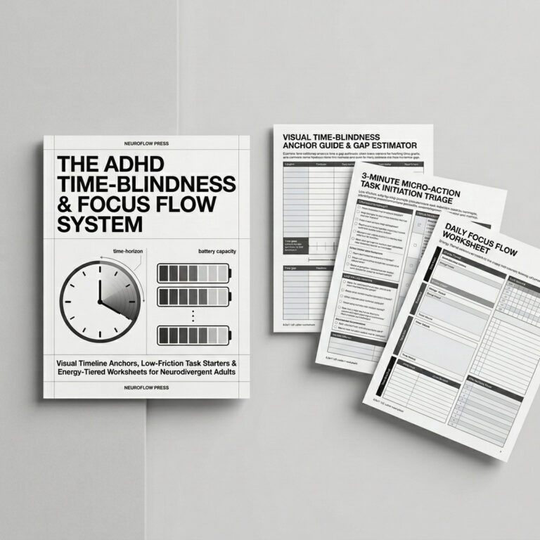 ADHD Time Blindness & Focus Flow System | Executive Function Daily Planner Worksheets & Task Initiation System (12 Pages) cover image.