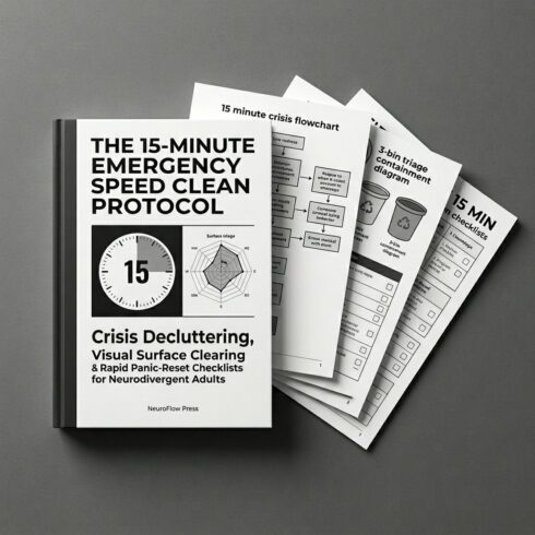 15-Minute ADHD Emergency Speed Clean Protocol | Crisis Decluttering & Rapid House Reset Worksheets (12 Pages) cover image.