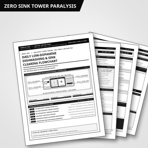 ADHD Low-Dopamine Dishwashing & Sink Clearing Flowchart | Kitchen Chore Triage Planner (12 Pages) cover image.