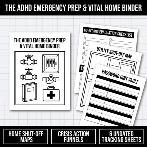 ADHD Emergency Prep & Vital Documents Binder | In Case I Forget Home Master System (12 Pages) cover image.