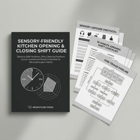 Sensory-Friendly ADHD Kitchen Opening & Closing Shift Guide | Dish Triage & Routine Worksheets (12 Pages) cover image.