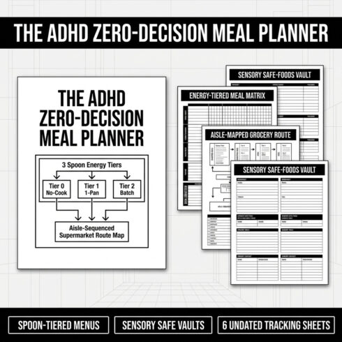 ADHD Meal Planner & Grocery Matrix | Zero-Decision Safe Foods & Low-Spoon Menu System (12 Pages) cover image.
