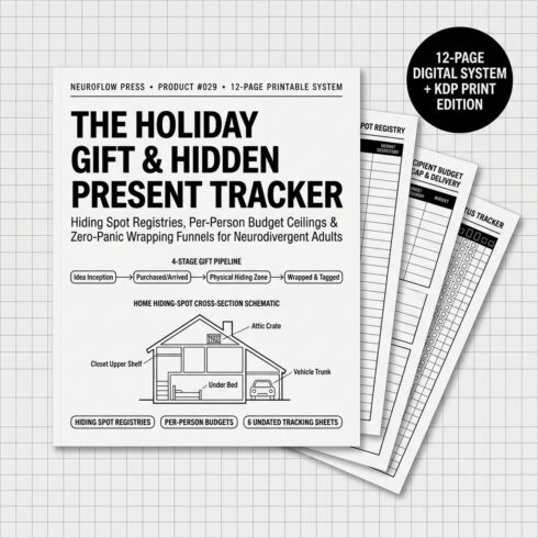 ADHD Holiday Gift Planner & Hidden Present Tracker | Christmas Budget & Wrapping Log (12 Pages) cover image.
