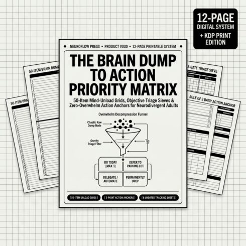 ADHD Brain Dump to Action Priority Matrix | Overwhelm Reset & To-Do Triage Planner (12 Pages) cover image.