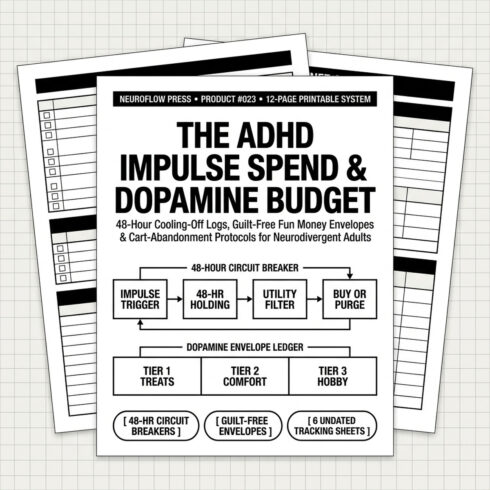 ADHD Impulse Spend Cooling-Off Log & Dopamine Budget | 48-Hour Wishlist Planner (12 Pages) cover image.