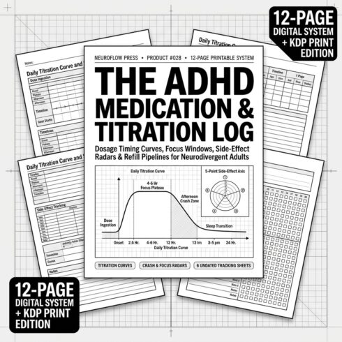 ADHD Medication Tracker & Titration Log | Side-Effect & Focus Window Journal (12 Pages) cover image.
