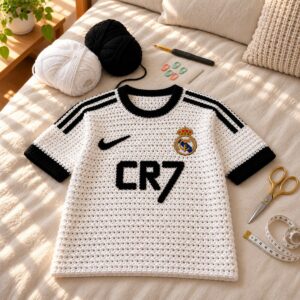 Special Offer – Only $699! CR7 Inspired Handmade-Style Crochet Football Jersey Pattern | Realistic T-Shirt Design | 25-Page DIY PDF cover image.