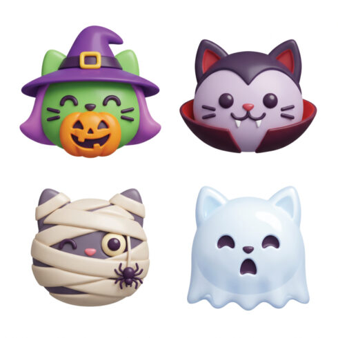 Cute 3D Halloween Cat Faces Collection – Witch Cat, Vampire Cat, Mummy Cat and Ghost Cat cover image.