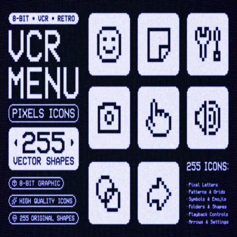 255+ Retro VCR Pixel Icons & Menu Graphics for Game UI & Lo-Fi Design cover image.