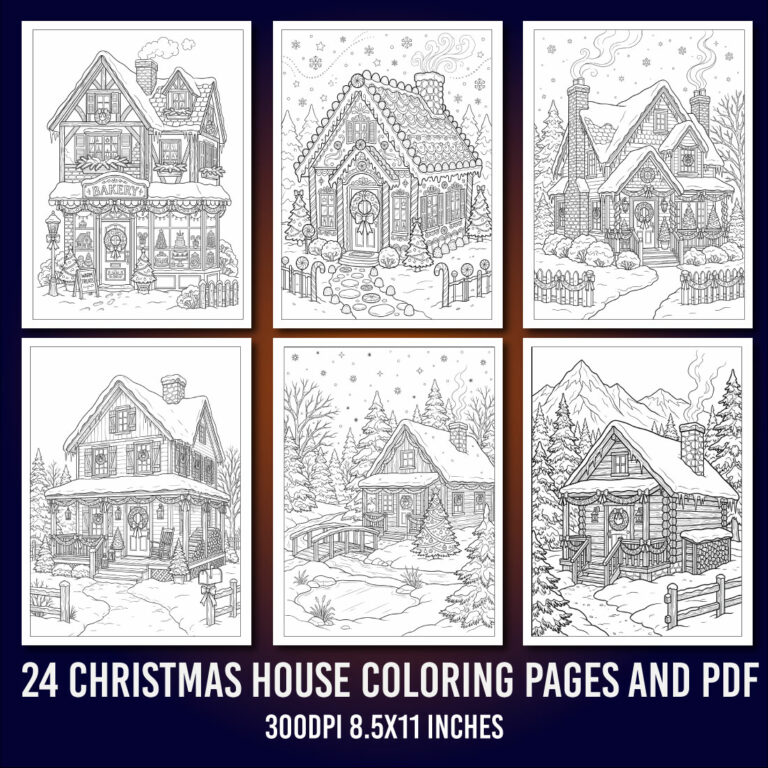Cozy Christmas Houses Coloring Pages cover image.