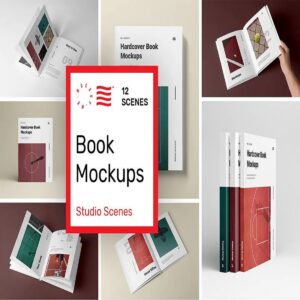Hardcover Book Mockups - Studio Scenes & Photo Realistic Presentation PSD cover image.