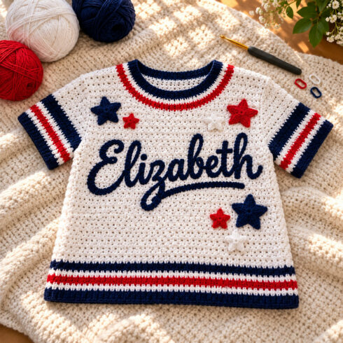 Special Sale – Only $599! Elizabeth Girls Crochet T-Shirt PDF Pattern | Cute Handmade-Style USA Stars Top | 26-Page DIY Crochet Guide | Instant Digital Download cover image.