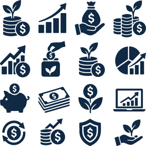 Money Investment and Wealth Icons Set, Financial Growth, Savings, Profit, Banking, Insurance and Business Finance Vector Collection cover image.
