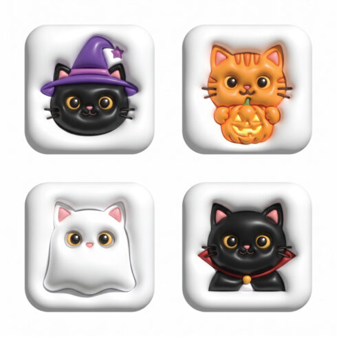 Cute 3D Halloween Cat Sticker Collection – Witch Cat, Pumpkin Cat, Ghost Cat and Vampire Cat cover image.
