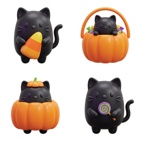 Cute 3D Halloween Black Cat Candy Collection – Pumpkin Basket, Candy Corn and Colorful Lollipop cover image.