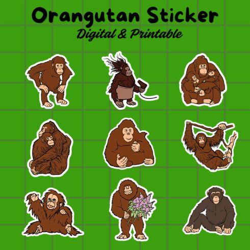 Orangutan Sticker Bundle – 38 Cute Jungle Animal Stickers, PNG, SVG, JPG cover image.