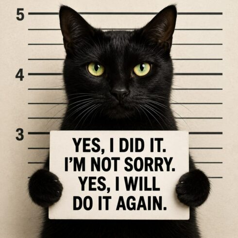 Not Sorry Black Cat Mugshot – 5 Printable Sizes Wall Art cover image.