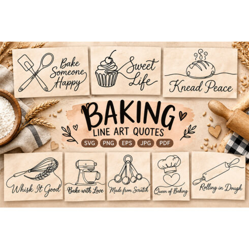 Baking Line Art Quotes SVG Bundle cover image.