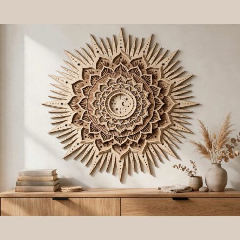 Sunburst Mandala 3D SVG - Multilayer Celestial Sun Laser Cut File, 8 Layers Wood Wall Art cover image.