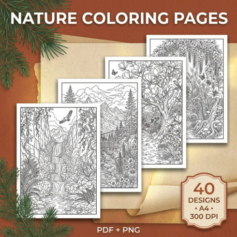 40 Nature Coloring Pages for Adults — A4 300 DPI Printable PDF & PNG Set cover image.