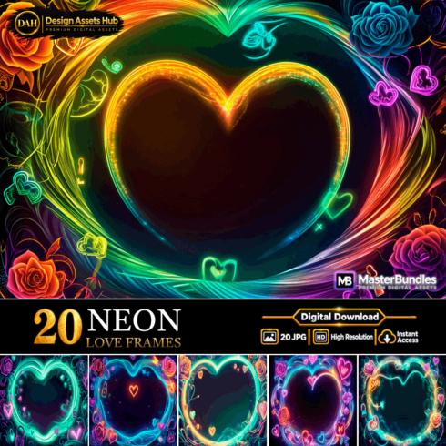 Glowing Valentine's Day Heart and Rose Neon Frames Digital Backgrounds cover image.