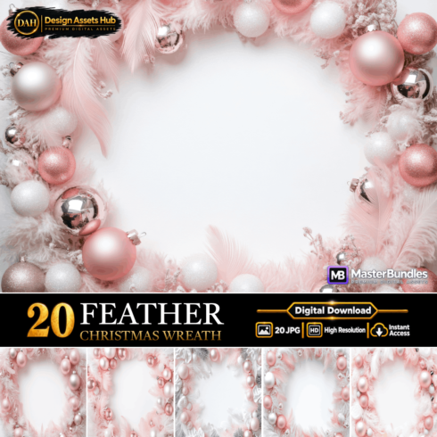 Feather Christmas Wreath Backgrounds, 20 Elegant Pink and White Holiday Frame Images, Festive Winter JPG Set for Greeting Cards, Invitations, Digital Design and Decorations cover image.