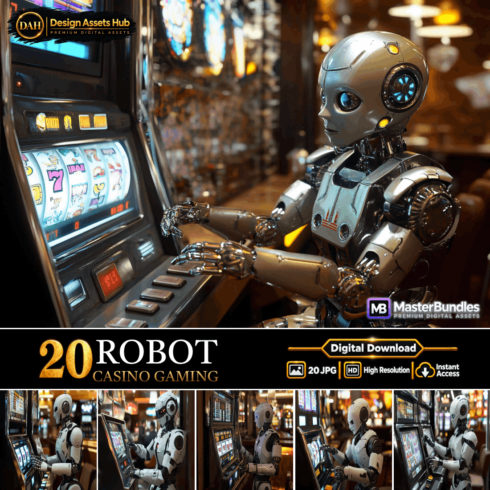 Robot Casino Gaming, Futuristic Android Playing Slot Machines Digital Backgrounds cover image.