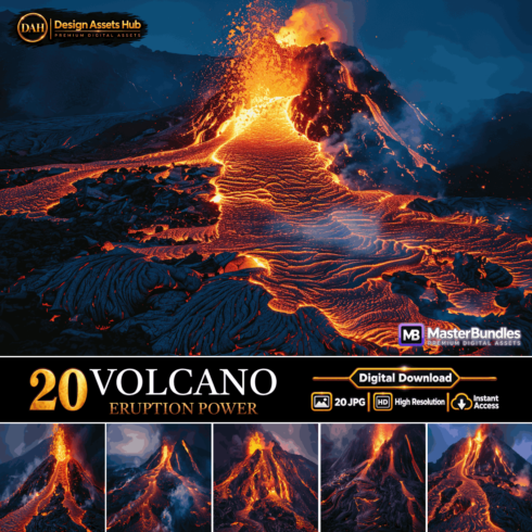 Volcanic Eruption Backgrounds – 20 High-Resolution JPG Images with Lava, Fire, Smoke and Dramatic Volcano Landscapes for Digital Design cover image.