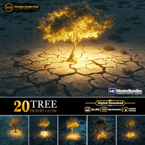 Desert Tree Backgrounds – 20 High-Resolution JPG Images of Glowing Trees in Cracked Dry Landscapes for Digital Art and Creative Design cover image.
