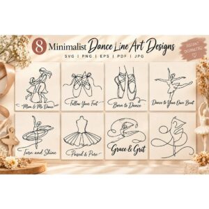 8 Minimalist Dance Line Art SVG Bundle only 5$ cover image.