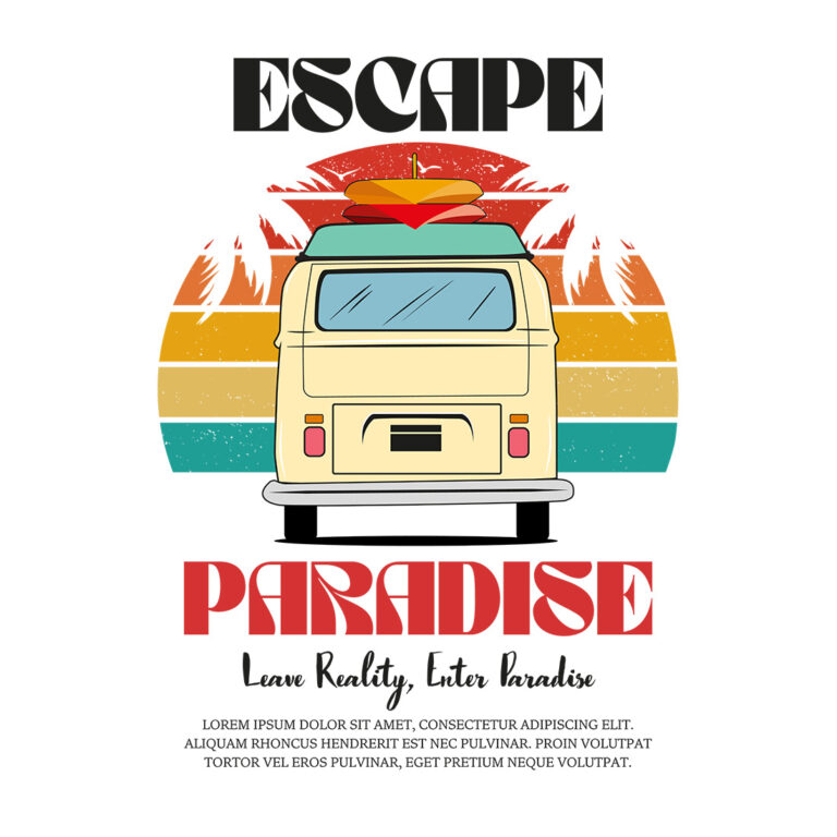 Retro Vintage Surf Van Escape Paradise Leave Reality T-Shirt Graphic cover image.