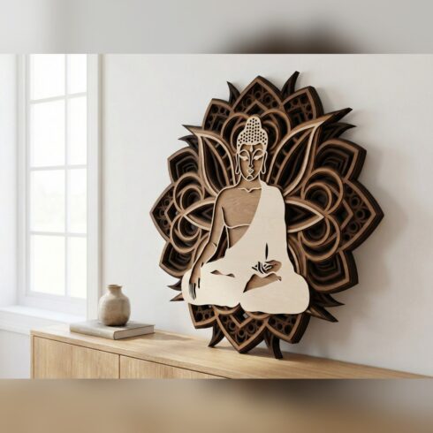Multilayer Buddha Mandala Wall Art – Meditating Buddha Lotus Halo, 7-Layer Laser Cut SVG DXF cover image.
