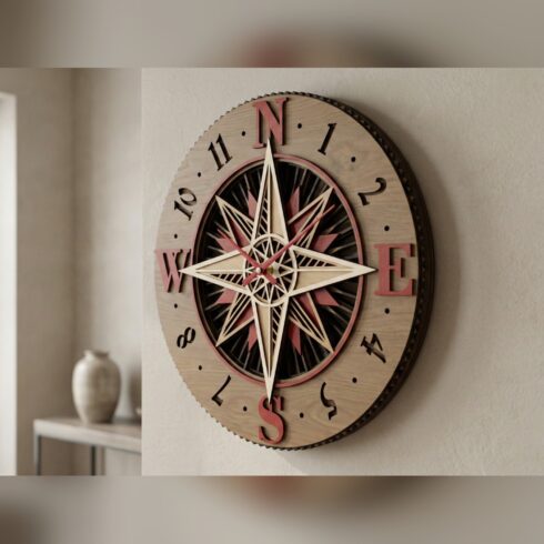 Multilayer Compass Clock #8 – Compass Rose Nautical Clock, 5-Layer Laser Cut SVG DXF cover image.