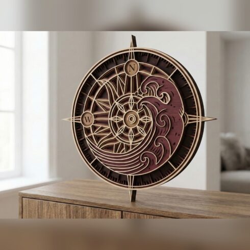 Multilayer Compass Rose Wall Art – Compass Rose Ocean Wave, 4-Layer Laser Cut SVG DXF cover image.