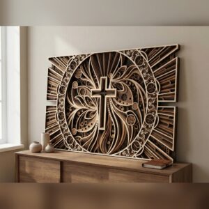 Multilayer Cross Mandala Wall Art #1 – Radiant Cross Swirl Medallion, 9-Layer Laser Cut SVG DXF cover image.