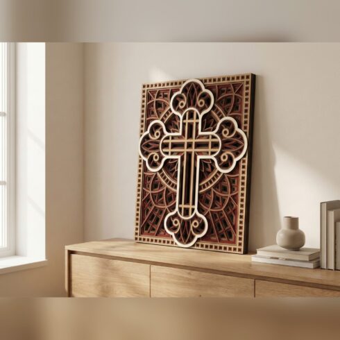 Multilayer Cross Mandala Wall Art #13 ā Lattice-Bordered Budded Cross, 7-Layer Laser Cut SVG DXF cover image.