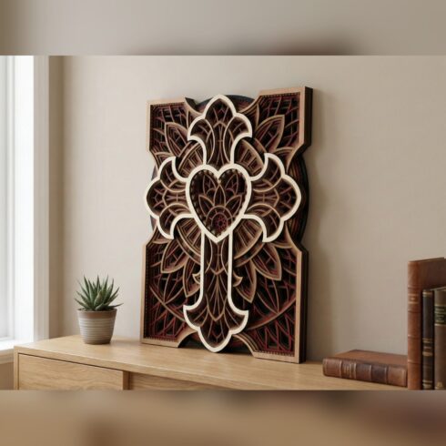 Multilayer Cross Mandala Wall Art #15 – Heart-Crowned Cross, 8-Layer Laser Cut SVG DXF cover image.